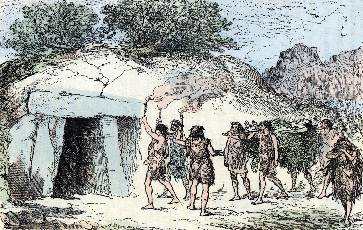 Préhistoire, néolithique : cérémonie funéraire. Gravure de 