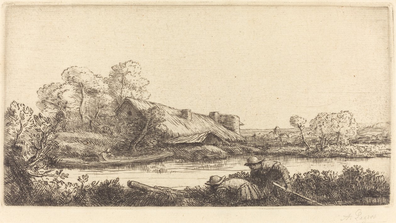 Ferme le long de la rivière vue à la lumière du soir - Alphonse Legros