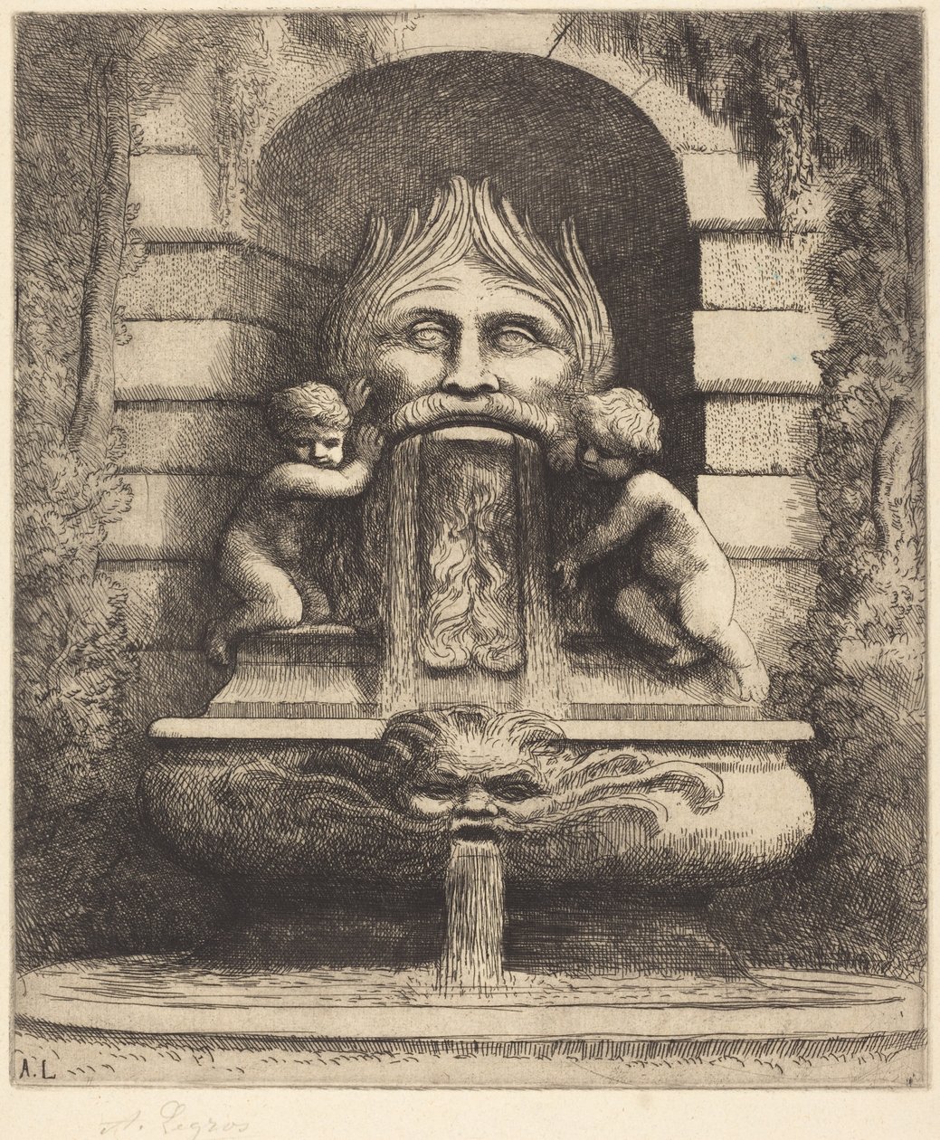 Fountain: Grotesque, Children and Basin (Une fountaine: Masque, enfants et bassin) - Alphonse Legros