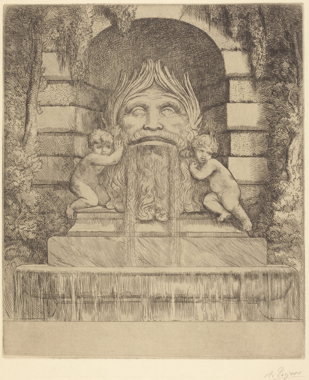 Fountain: Grotesque, Children and Basin (Une fountaine: Masque, enfants et bassin) - Alphonse Legros