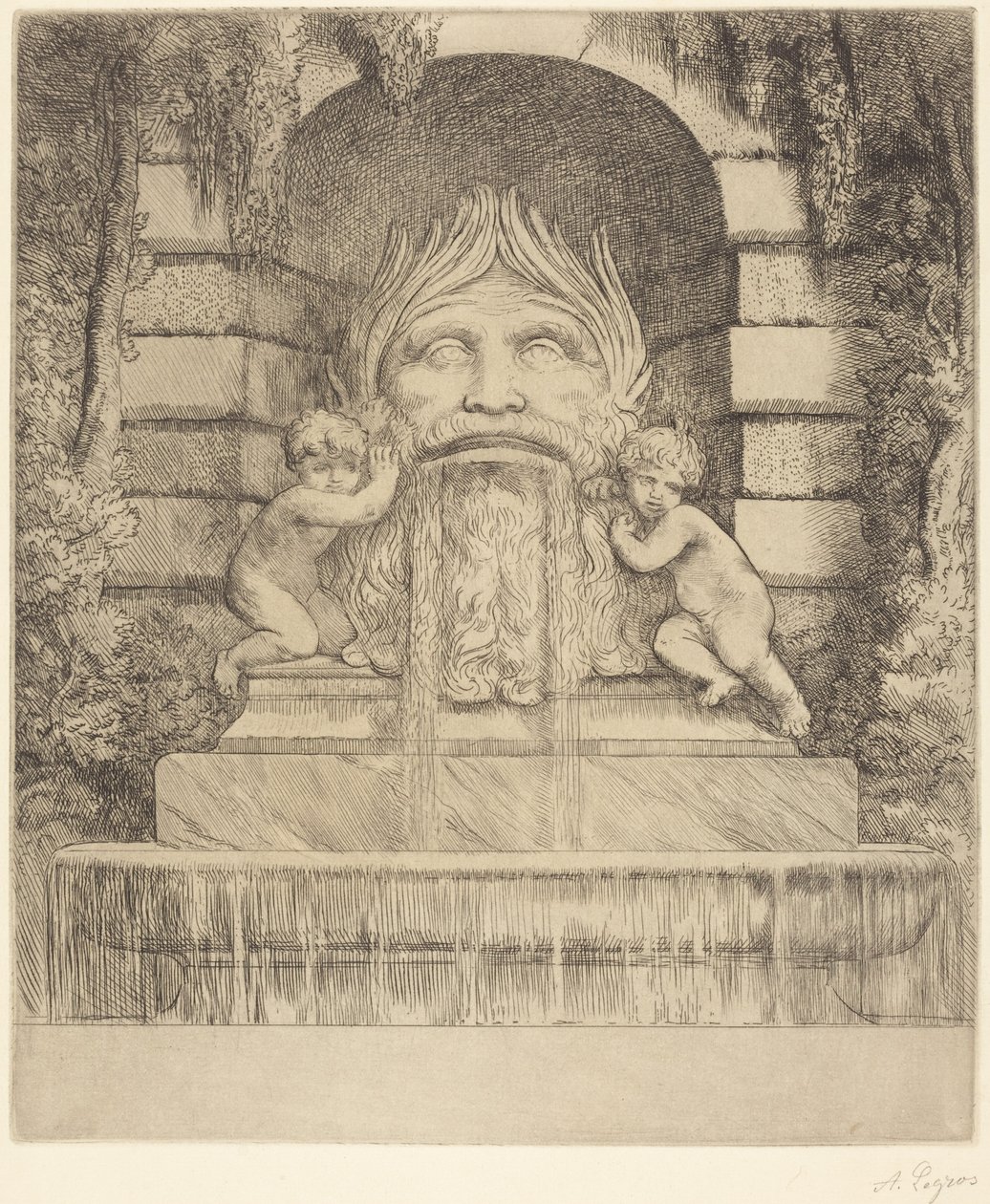 Fontaine : masque, enfants et bassin - Alphonse Legros