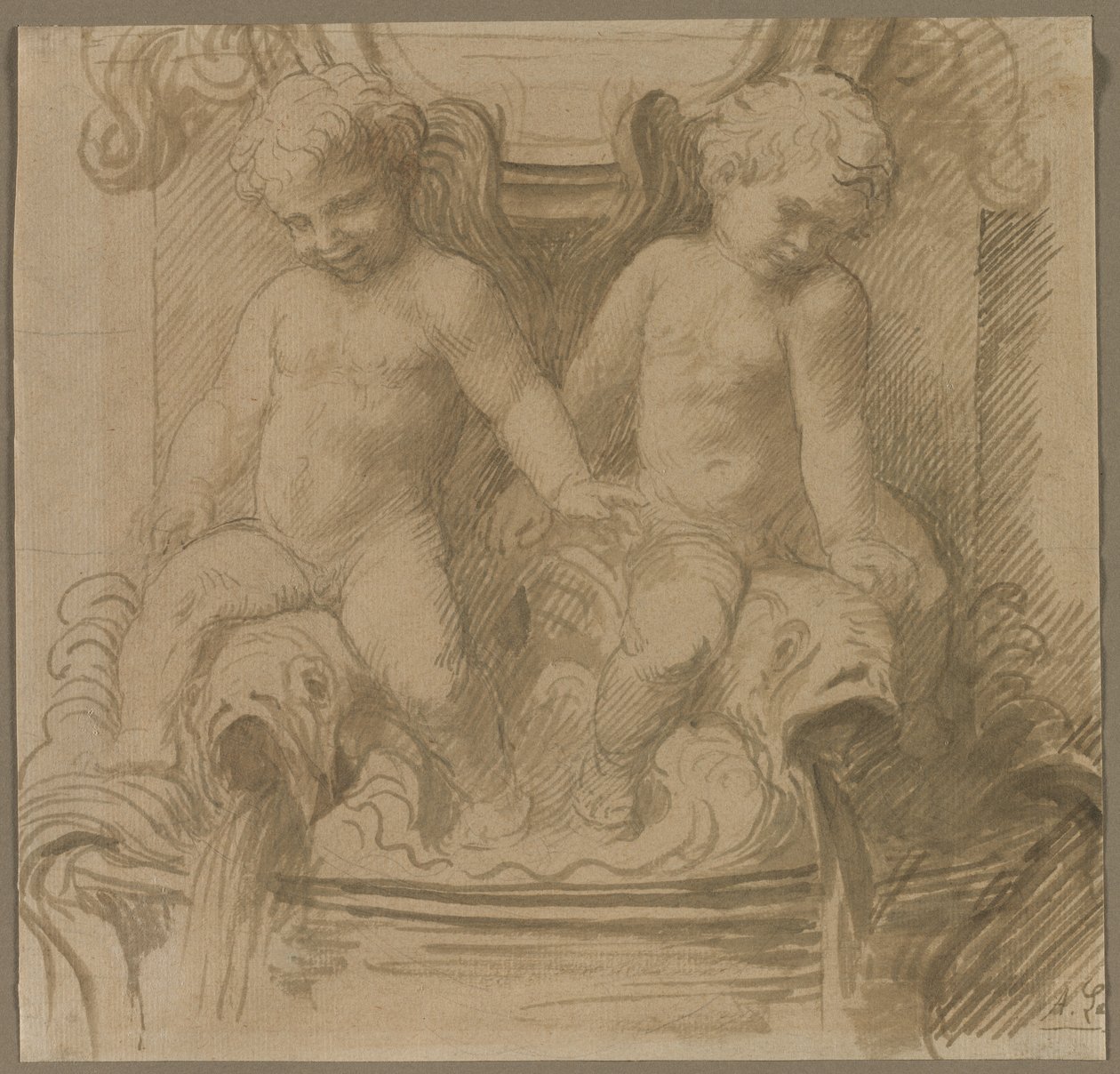 Fontaine avec putti chevauchant des dauphins, seconde moitié des années 1800 - Alphonse Legros