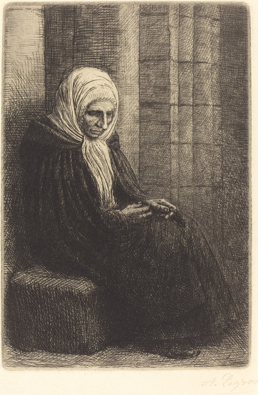 Femme assise contre un mur, enfant avec sa tête sur ses genoux - Alphonse Legros