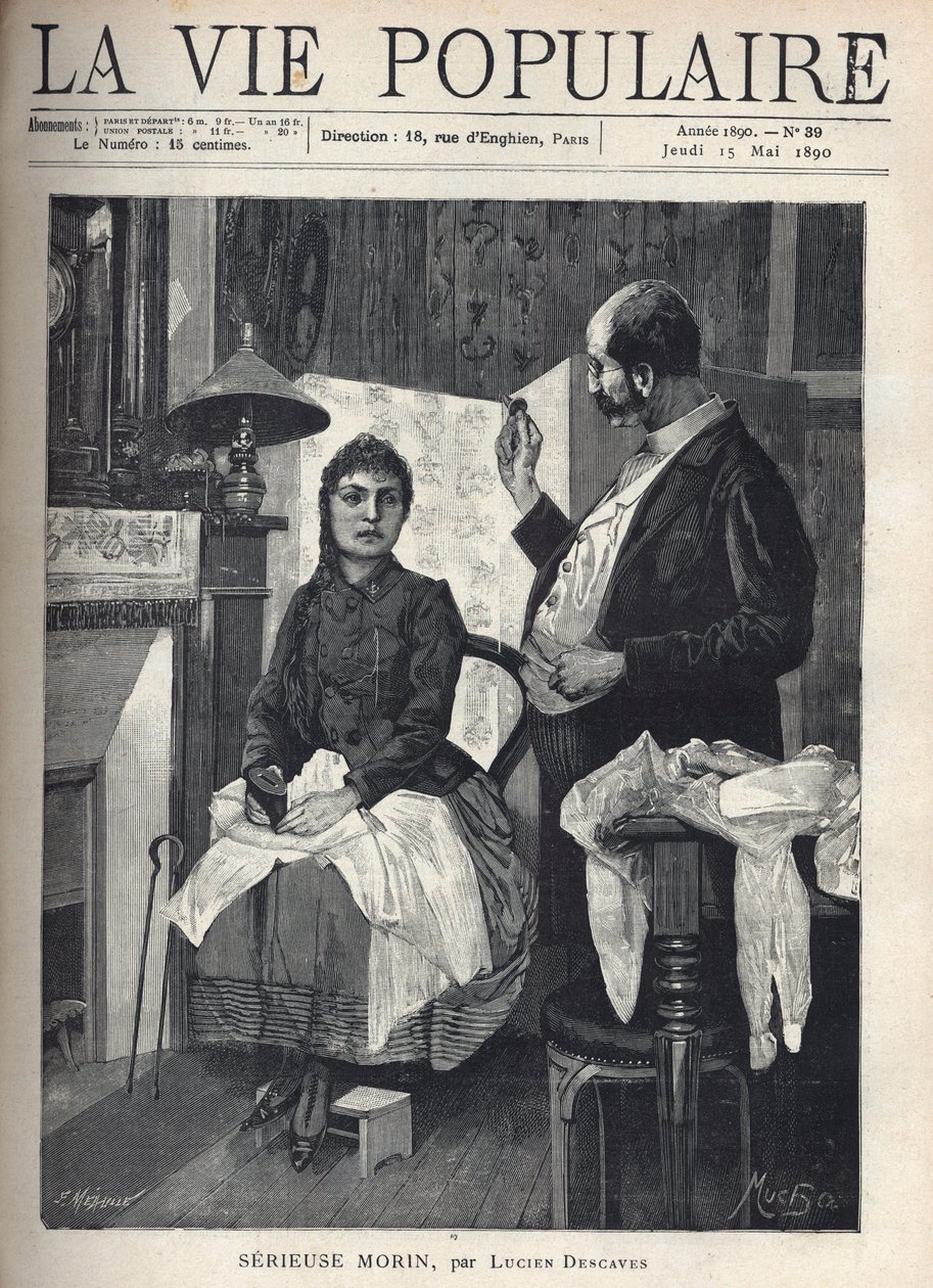 Une jeune femme malade, aux yeux fiévreux, tient une tirelire dans sa main et fait face avec fatigue à un grand docteur qui manie un instrument pour vérifier ses oreilles. Sur les genoux de la jeune femme assise près de la cheminée, ainsi que sur les meubl - Alphonse Mucha
