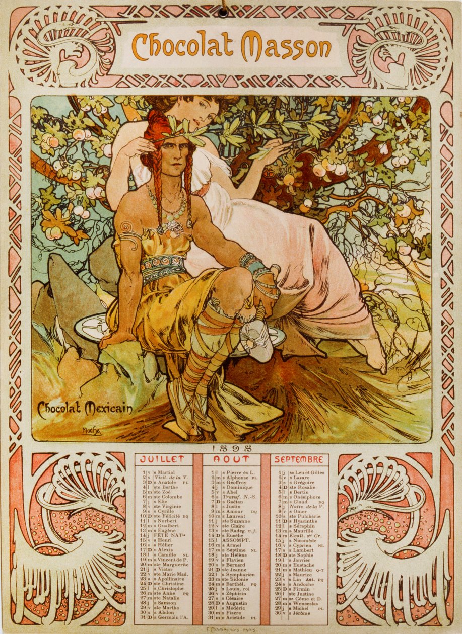 Calendrier Chocolate Masson illustré par Mucha (1860 – 1939), un peintre tchèque de l
