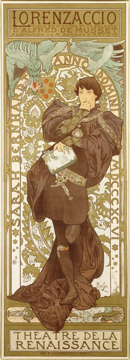 Lorenzaccio, représentant la figure debout de Sarah Bernhardt dans le rôle, 1896 - Alphonse Mucha