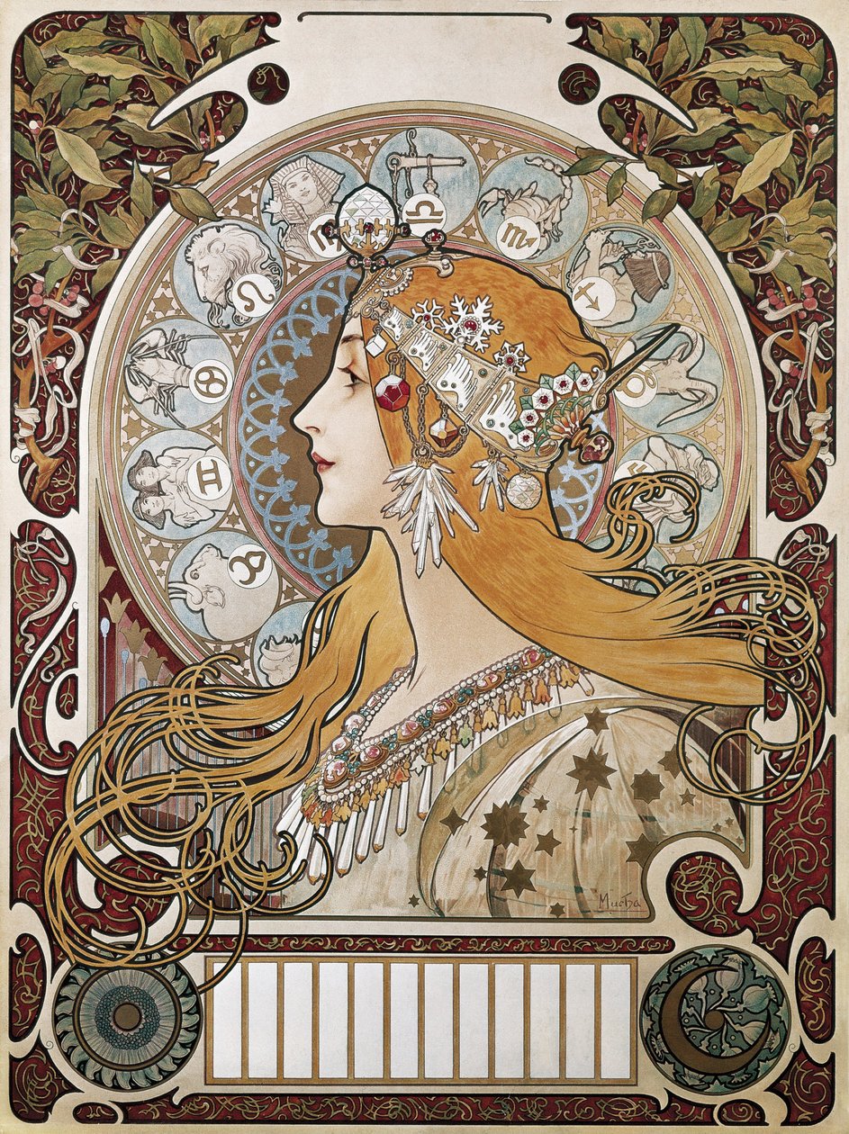 MUCHA, Alphonse Maria (1860-1939). Zodiaque. 1896. (67 x 48 cm). Affiche et calendrier publicitaire pour le magazine "La Plume". Modernisme. Lithographie - Alphonse Marie Mucha