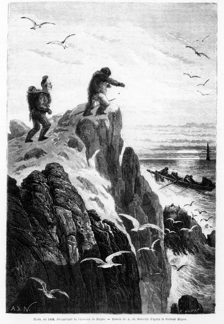 Hans en 1860, découvrant le navire de Hayes - dessin de Neuville par le Dr. Hayes dans « La mer libre du pôle, voyage de découverte dans les mers arctiques » - Alphonse Marie de Neuville