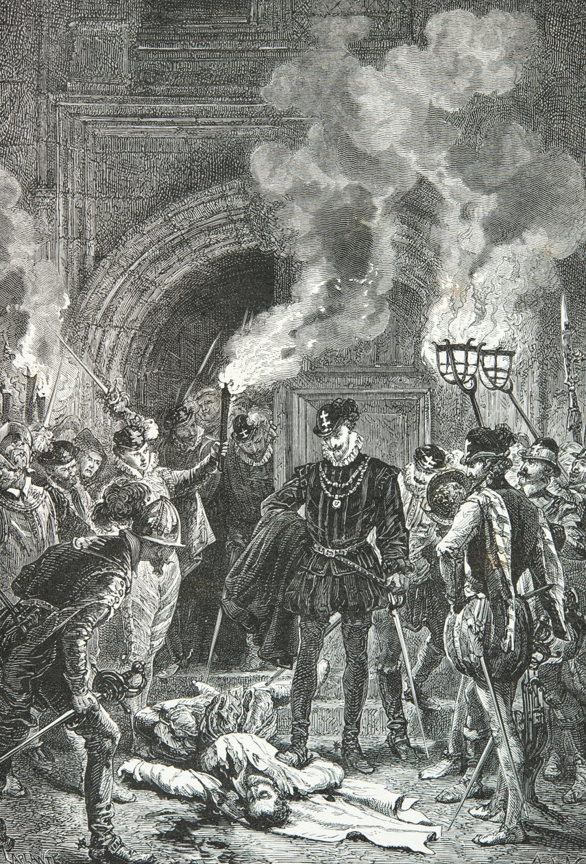 Massacre de la Saint Barthélémy, le duc de Guise pousse du pied le cadavre de Gaspard de Coligny (Gravure) - Alphonse Marie de Neuville