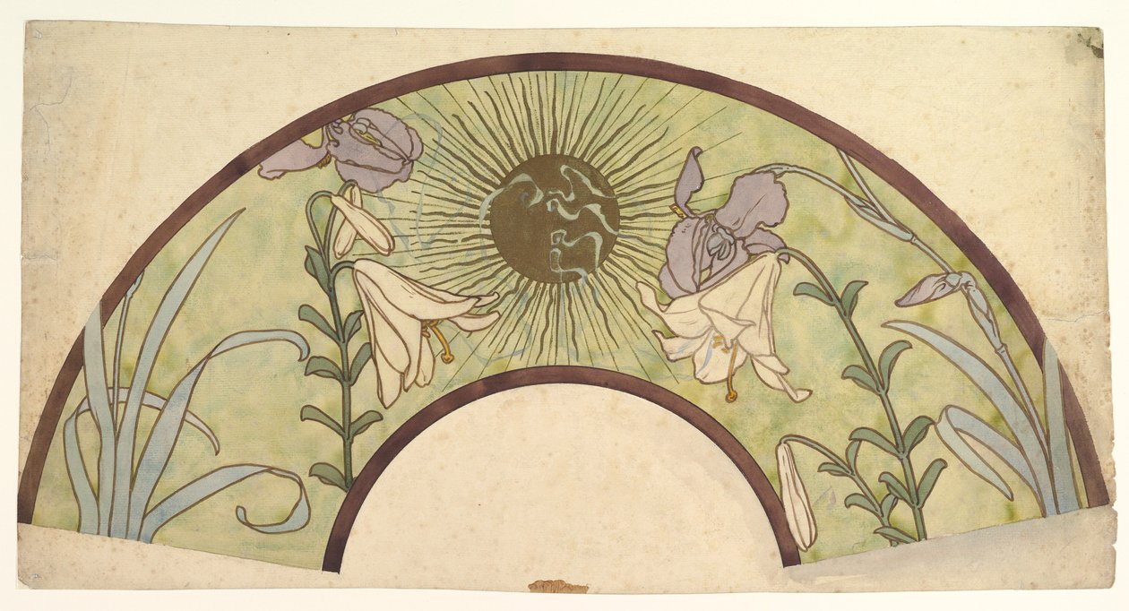 Conception pour un éventail avec rayons de soleil, lys et iris, fin 19e - mi 20e siècle - Alphonse Mucha