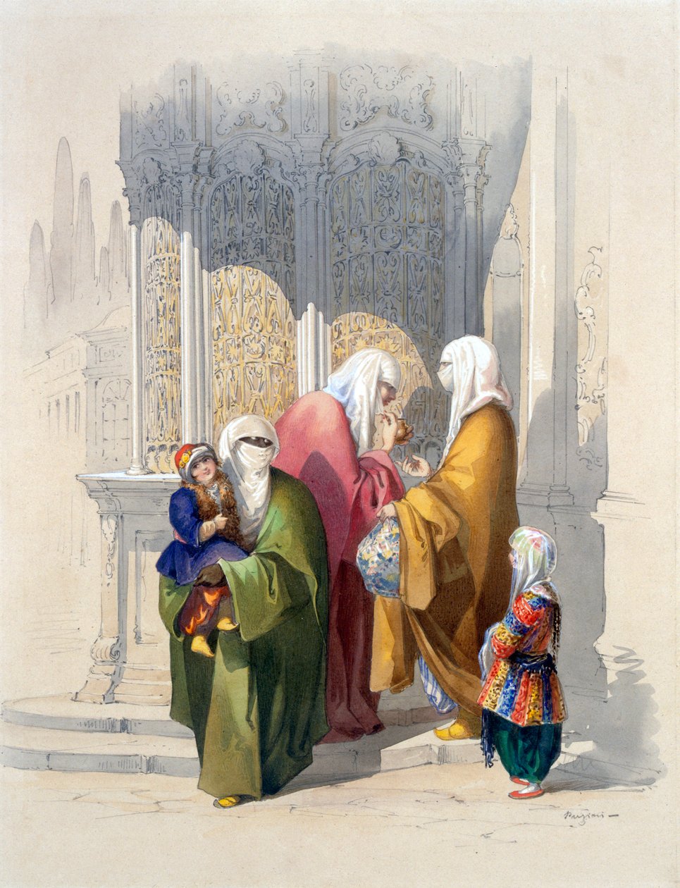 Scène de rue avec des passants, y compris une femme noire africaine pauvre et un enfant, pub. 1865 - Amadeo Preziosi