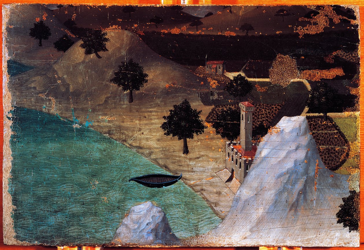 Château au bord du lac, par Ambrogio Lorenzetti (1319-1347), peinture sur bois, 22x33 cm - Ambrogio Lorenzetti