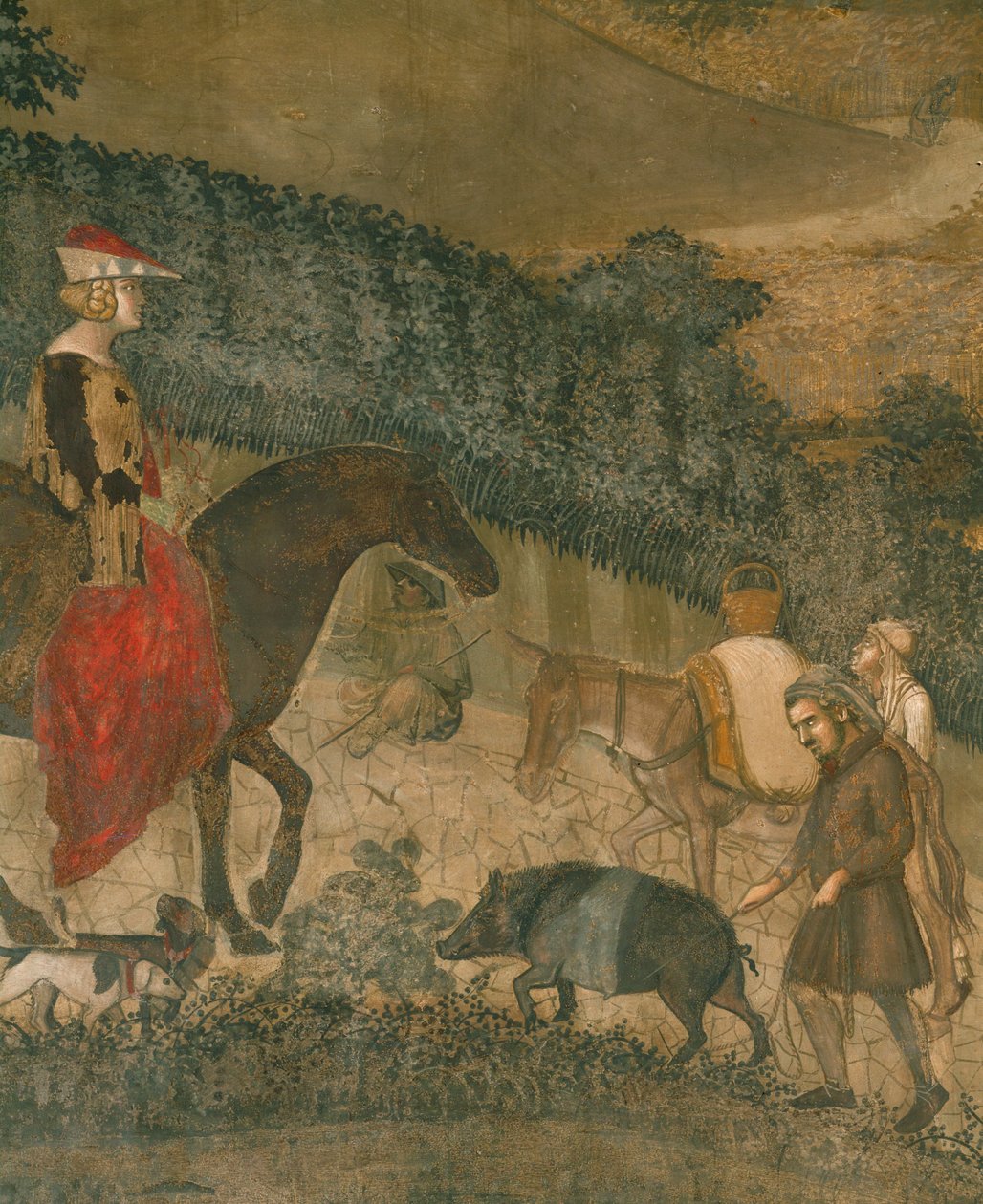 Paysans avec un cochon noir et un âne (fresque) - Ambrogio Lorenzetti