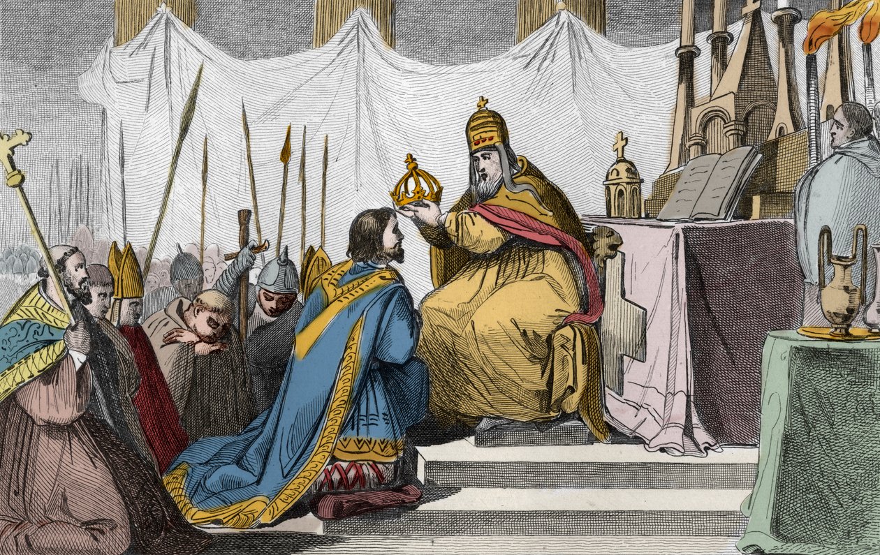 Charlemagne (742-814) couronné par le Pape Léon III (c750-816) à la basilique Saint-Pierre de Rome le 25 décembre 800 - Sacre de Charlemagne en 800 par le Pape Léon III - Gravure de 1825 dans « Histoire de France représentée par des tableaux synoptiques » - Ambroise Tardieu