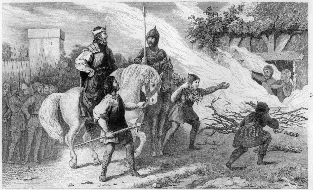 Chlothar Ier (497-561) brûle son fils rebelle et sa famille, 560 - Gravure de 1825 dans « Histoire de France représentée par des tableaux synoptiques » - Ambroise Tardieu