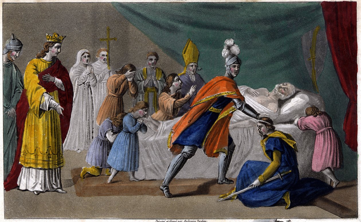 Mort de Pépin de Herstal (635-714) entouré de sa famille - Mort de Pépin de Herstal (grand-père de Pépin le Bref), entouré de sa famille et en présence de Dagobert III (714) - Dessiné et gravé par Ambroise Tardieu en 1825 - Ambroise Tardieu
