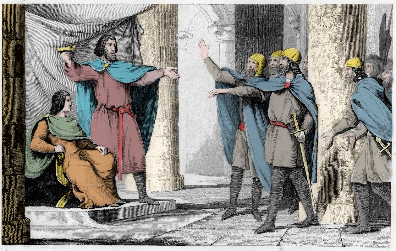 Louis V le Fainéant montre sa couronne à ses partisans en 986 - Louis V le Fainéant (c. 967-987), proclamé roi de France par la protection de Hugues Capet, devenu roi de France, en 986 - Gravure de 1825 dans « Histoire de France représentée par des tableau - Ambroise Tardieu