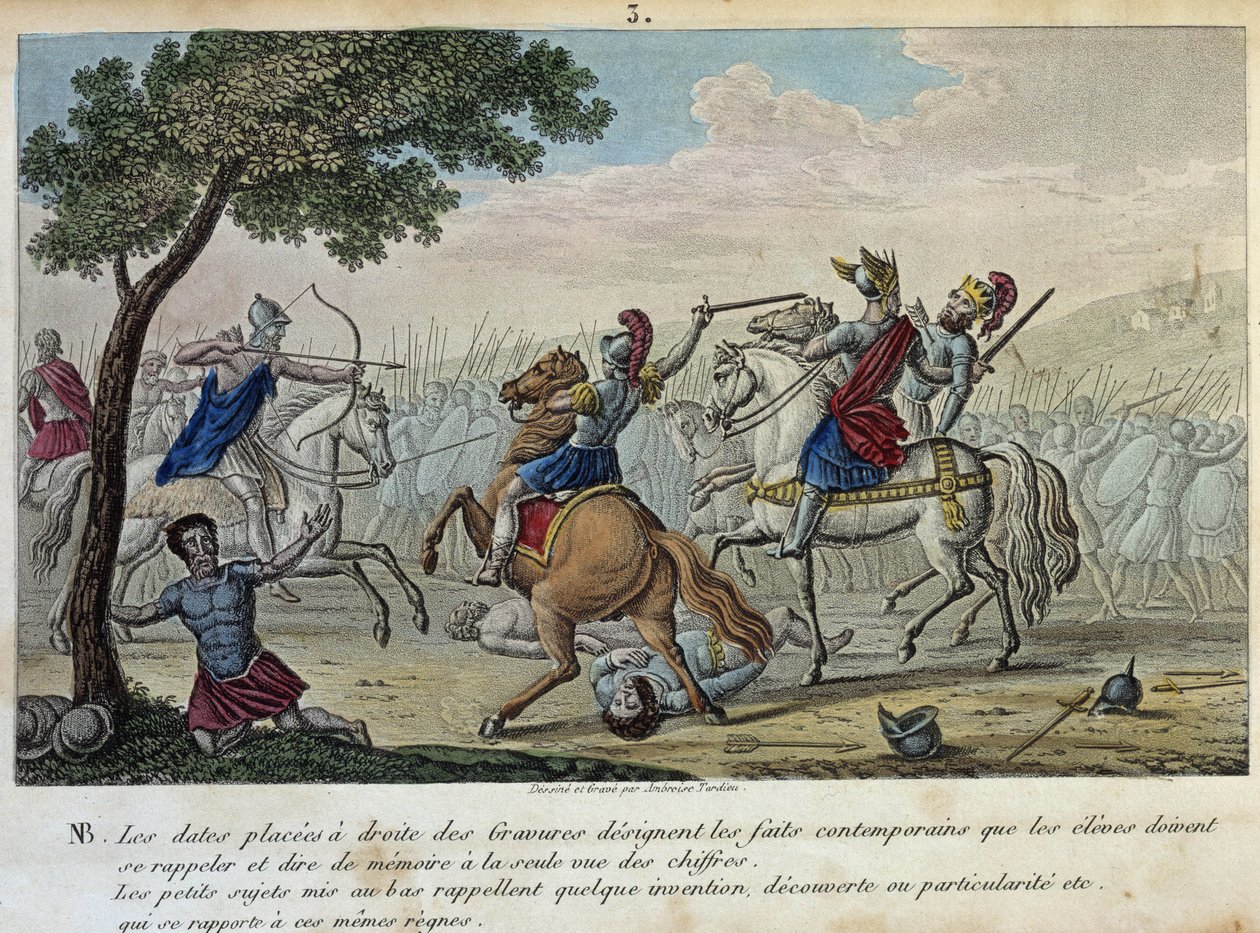 Mérovée (447-458) défie Attila aux Champs Catalauniques près de Troyes avec Aetius et Théodoric I. Il est le roi présomptif des Francs-Saliens et a donné son nom à la dynastie mérovingienne. - Dessiné et gravé par Ambroise Tardieu en 1825. - Ambroise Tardieu