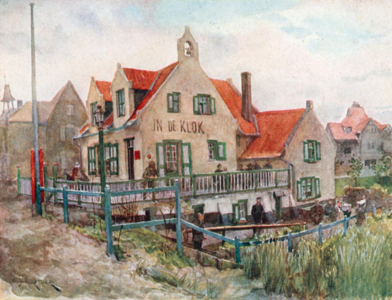 Une auberge flamande - jouant aux quilles, La Panne (lithographie couleur) - Amedee (after) Forestier