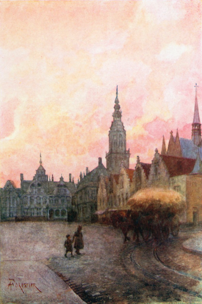 Grande Place et Beffroi de Furnes (lithographie couleur) - Amedee (after) Forestier