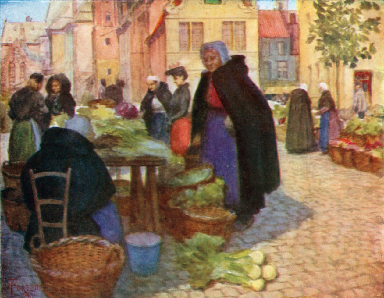 Marché aux légumes, Bruges (lithographie couleur) - Amedee (after) Forestier