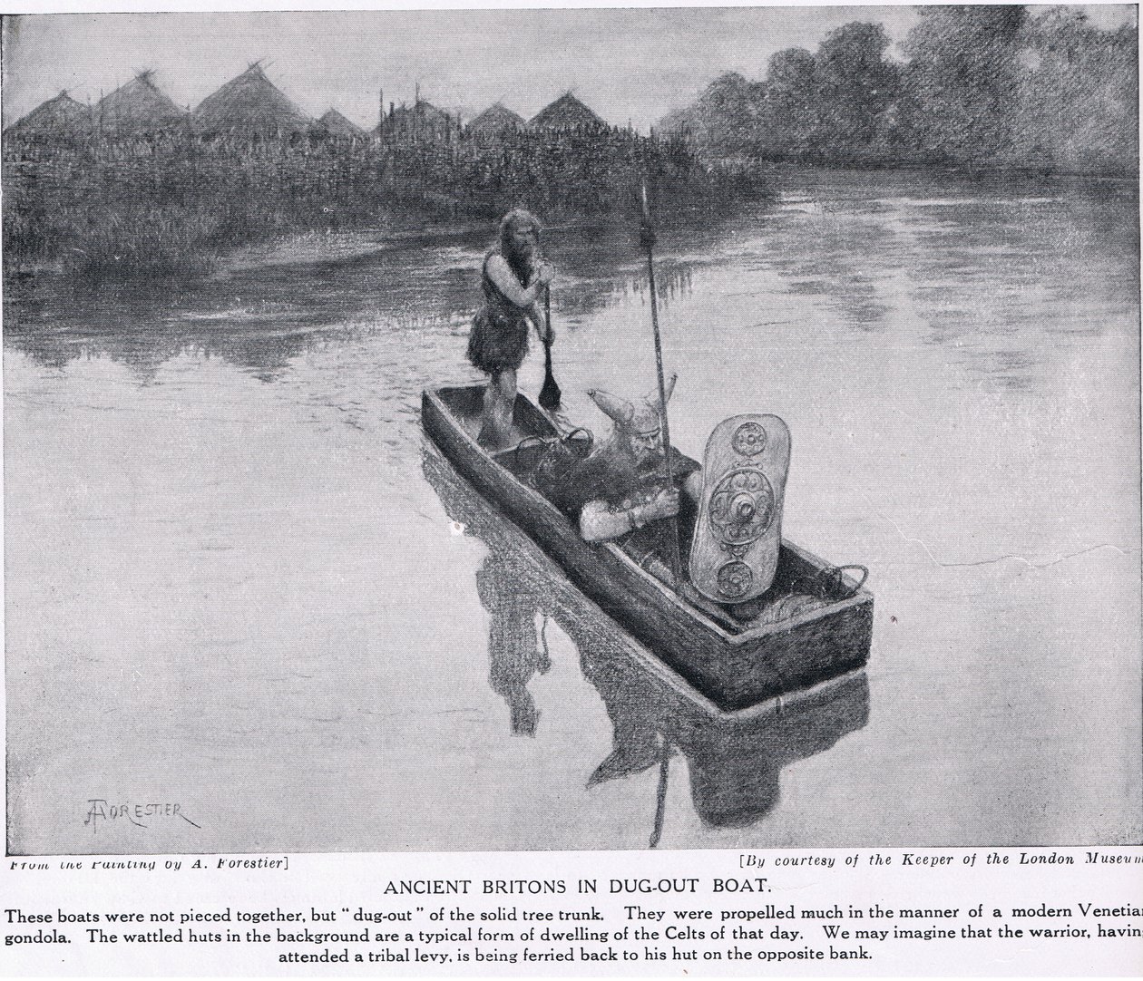 Britons anciens dans un bateau creusé, illustration de 