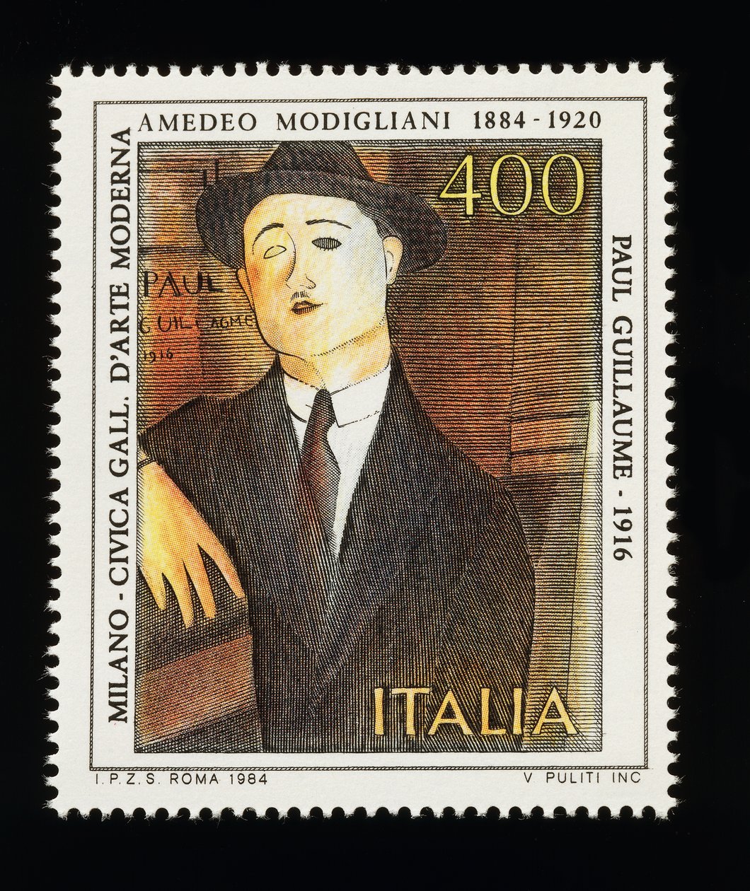 Timbre-poste de la série des arts italiens honorant Amedeo Modigliani (1884-1920), représentant le Portrait de Paul Guillaume (1916), timbre de 400 lires - Amadeo (after) Modigliani