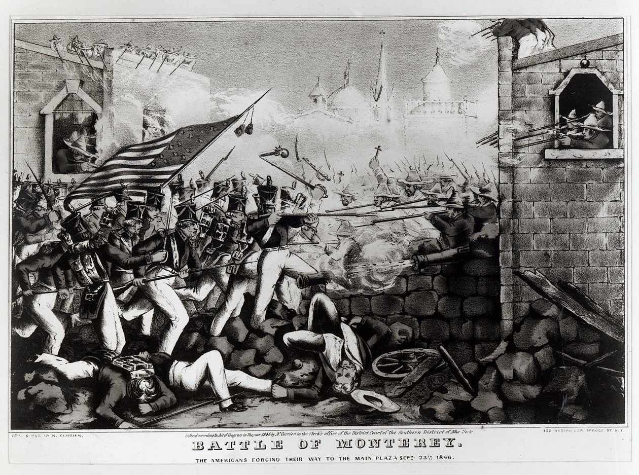 Bataille de Monterey : Les Américains forçant leur chemin vers la place principale, 23 septembre 1846, gravée et publiée par Nathanial Currier, 1846 - American School