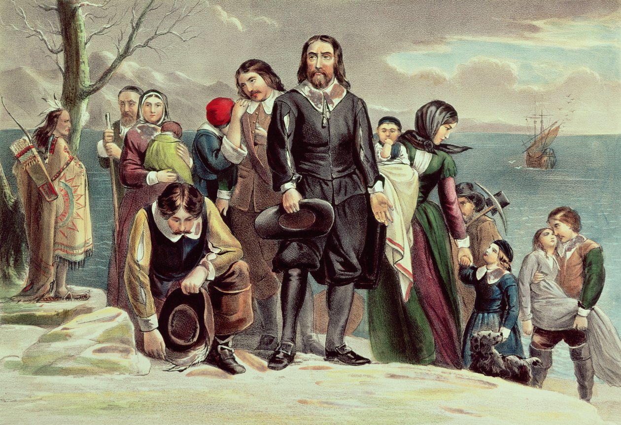 Le débarquement des pèlerins à Plymouth, Massachusetts, le 22 décembre 1620, publié par Currier et Ives - American School