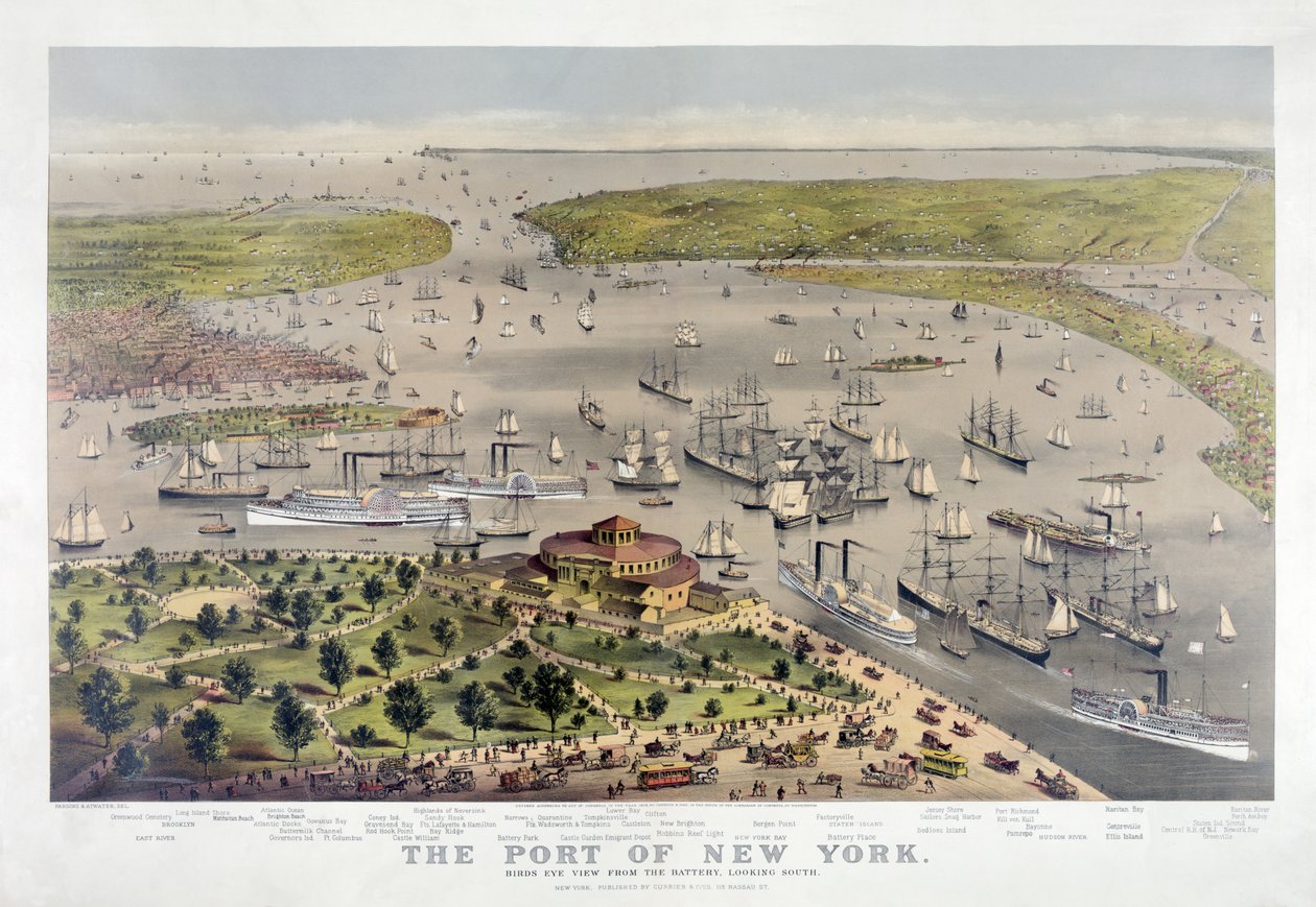Le port de New York : vue aérienne depuis Battery, regardant vers le sud, pub. 1878 - American School