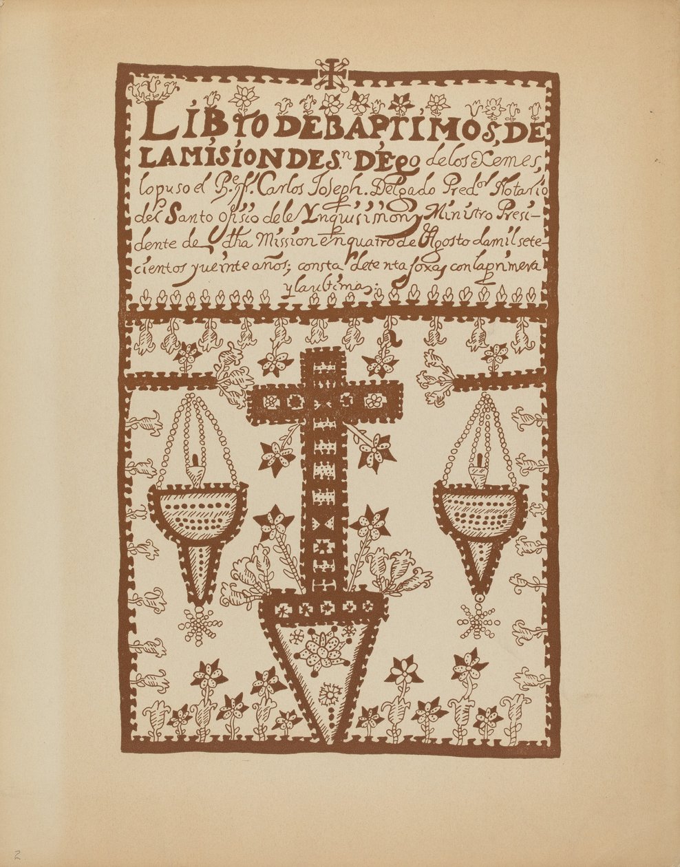 Planche 2 : Livre des baptêmes de Jemez : Du portfolio "Dessins coloniaux espagnols du Nouveau-Mexique" - American 20th Century