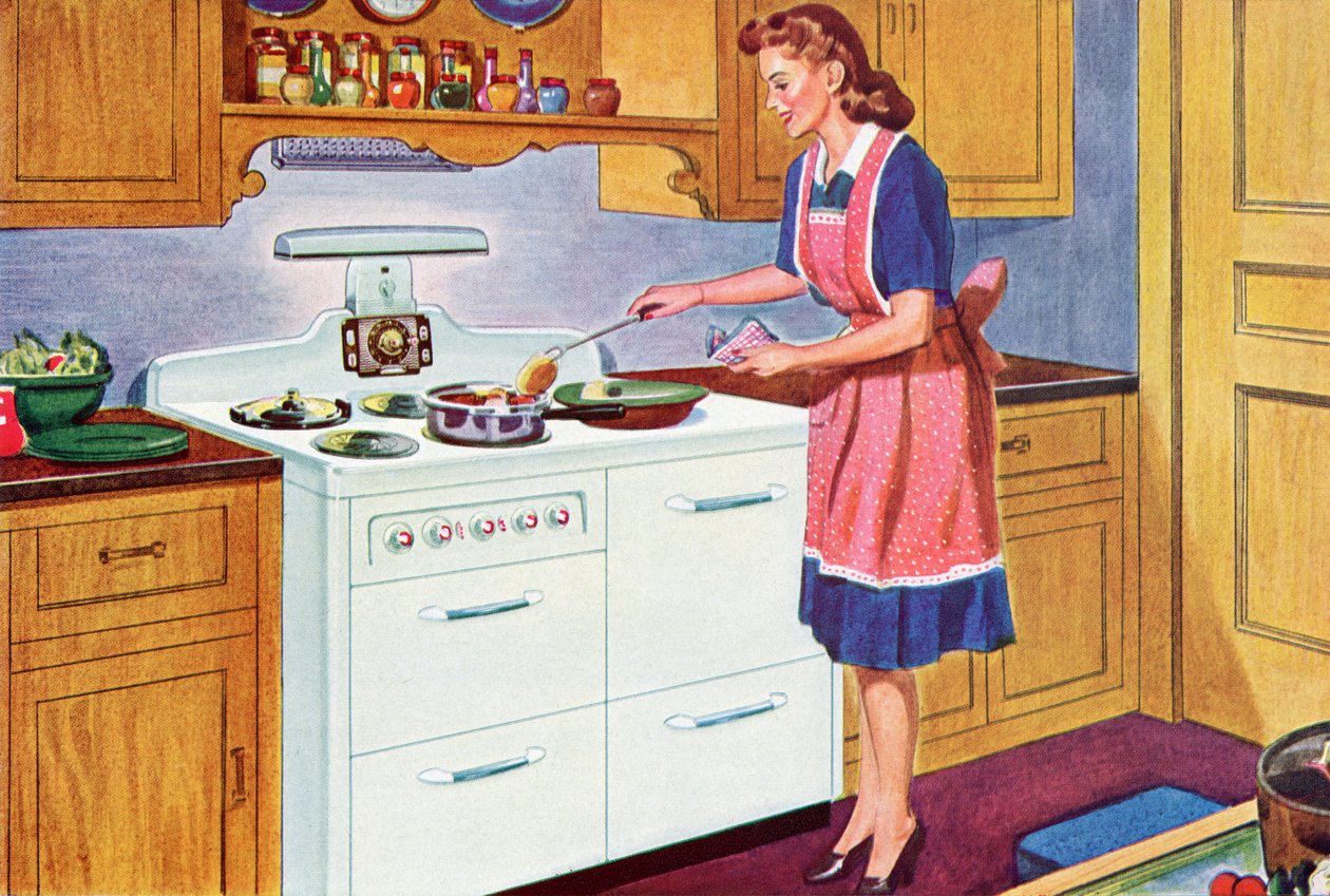 Ménagère des années 1940 cuisinant dans sa cuisine de rêve - American School