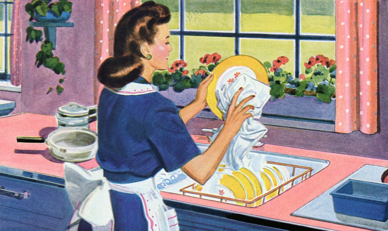 Une ménagère des années 1940 fait la vaisselle dans sa cuisine de rêve - American School
