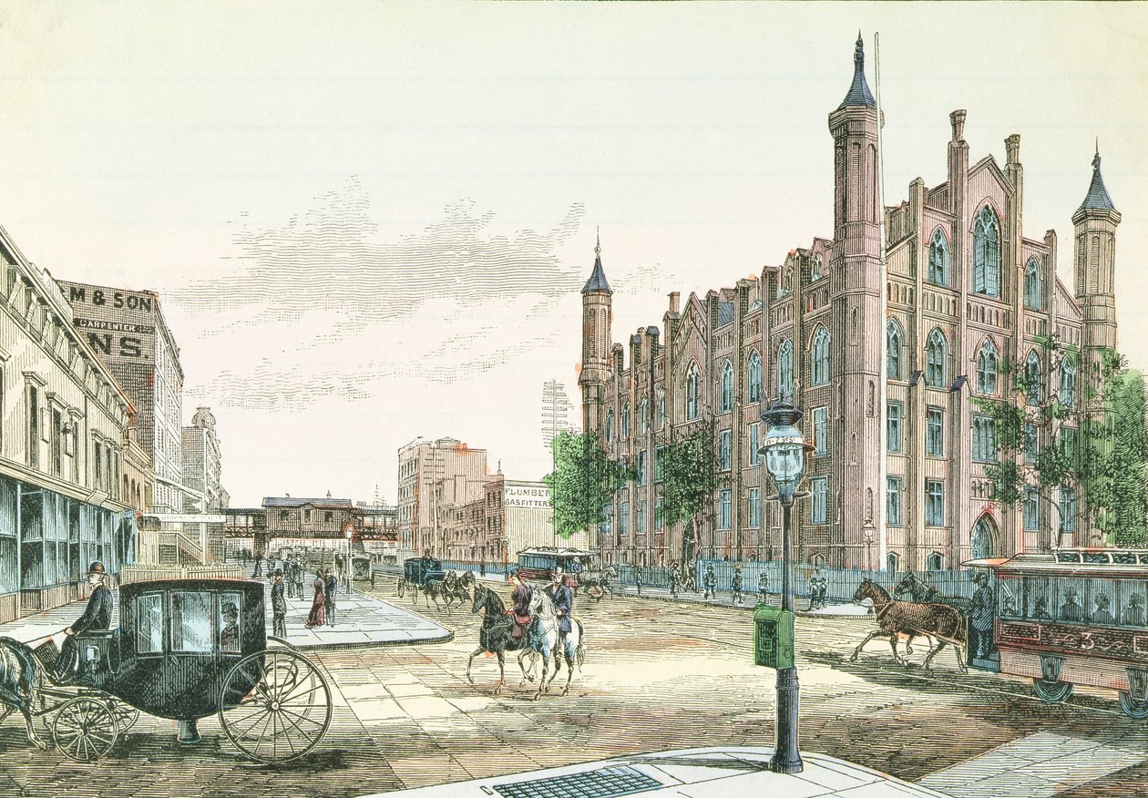 3e Avenue et 23e Rue, station de chemin de fer surélevée et le Collège de la ville de New York, de 36 vues de New York et des environs, publié par Charles Magnus - American School