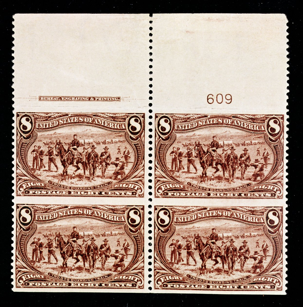Troupes gardant un convoi de wagons de 8 cents, bloc de quatre - American School