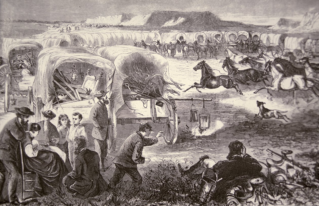 Un train de chariots formé en corral sur l