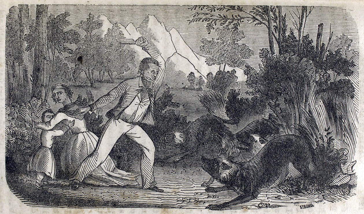 Un homme devant une femme et un enfant repoussant des chiens - American School