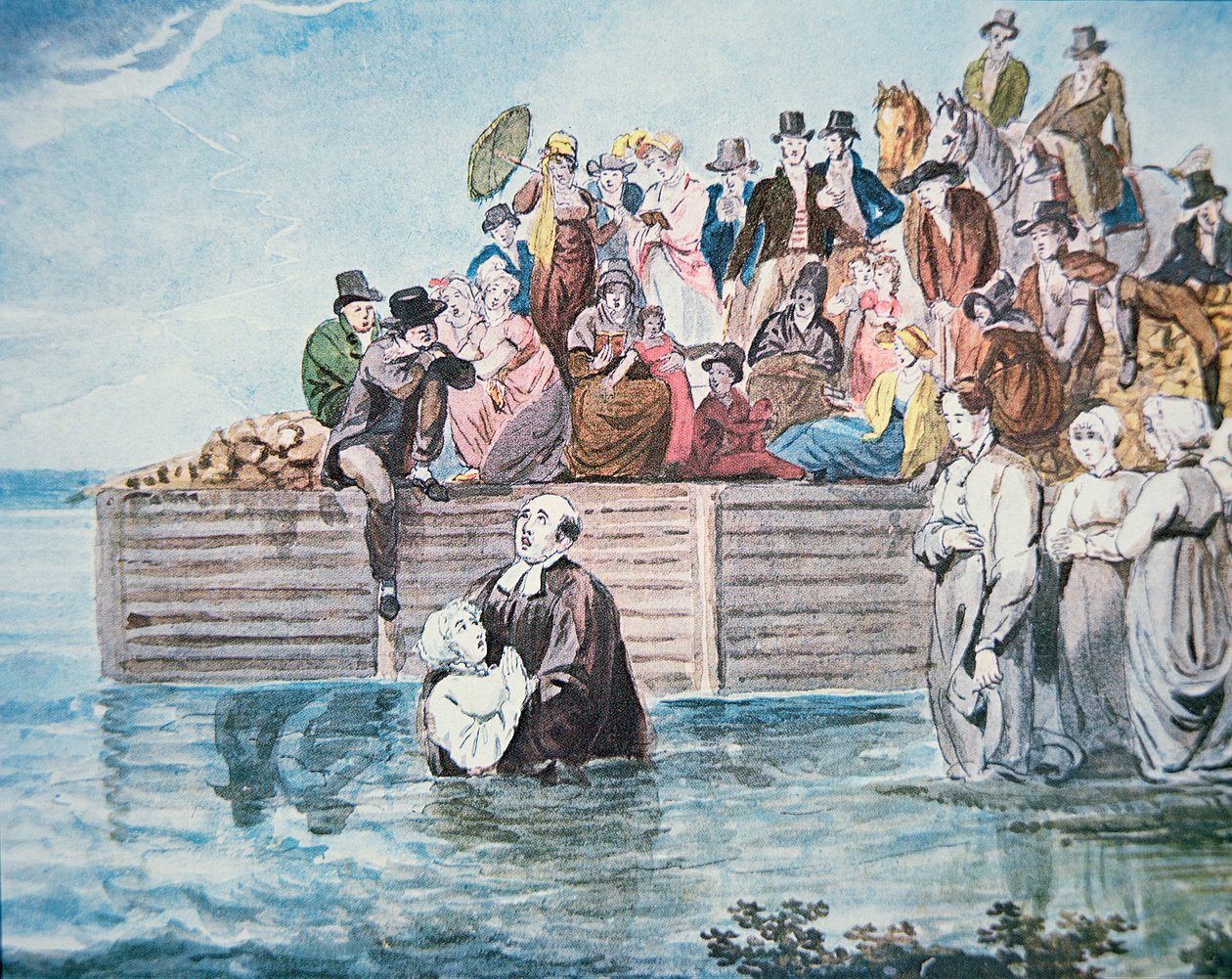 Les Anabaptistes de Philadelphie assistent à un baptême par immersion totale dans une rivière (lithographie en couleur) - American School