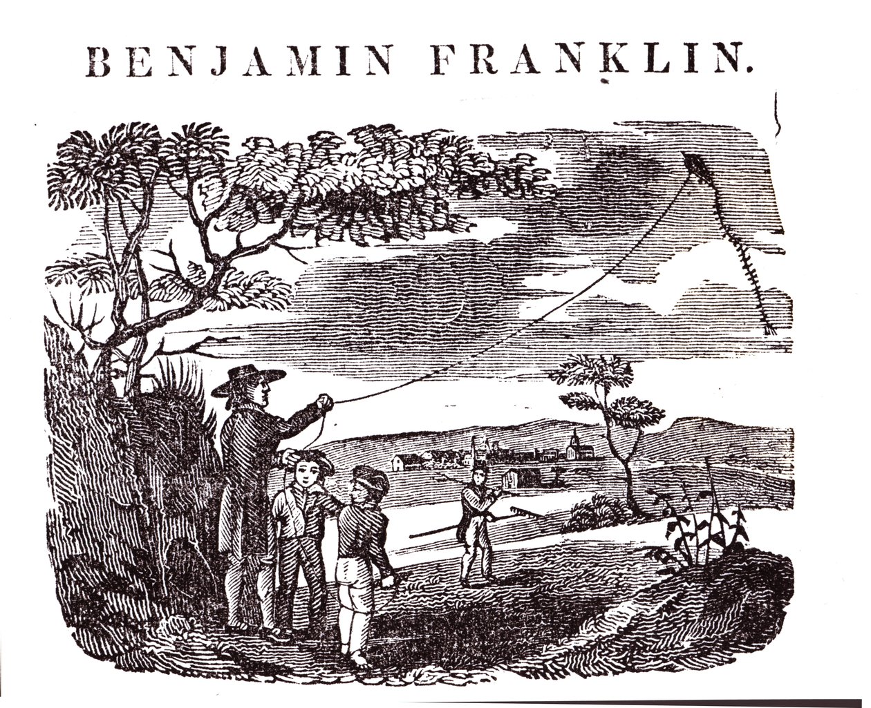 Benjamin Franklin (1706-90) conduit son expérience du cerf-volant - American School