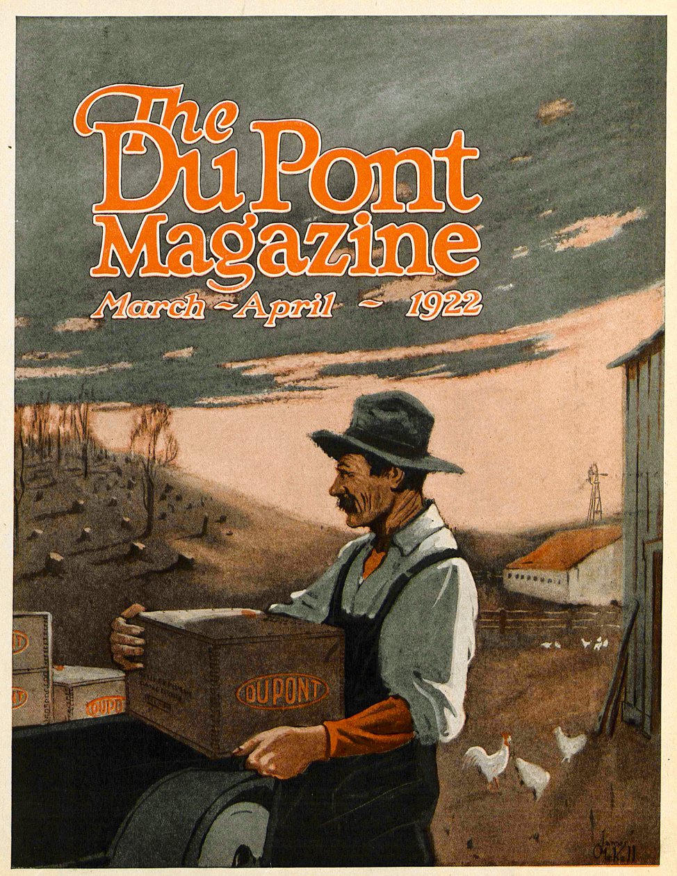 Machines de forage et explosifs, couverture du DuPont Magazine, mars-avril 1922 - American School