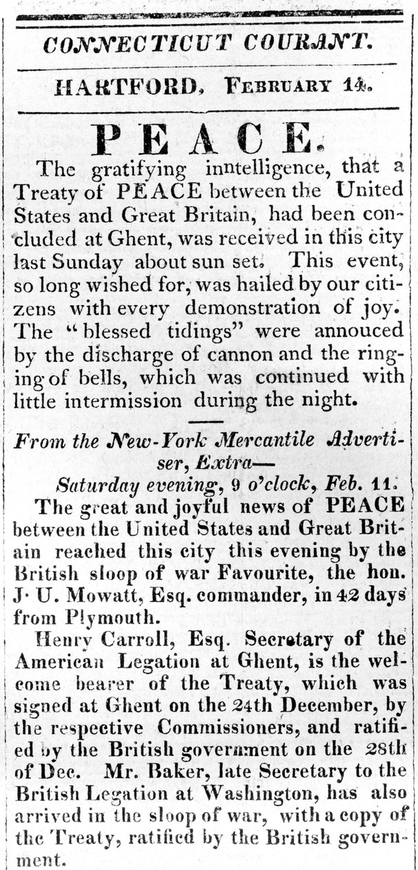 Affiche annonçant la paix entre les États-Unis et la Grande-Bretagne après la guerre de 1812, imprimée dans le Connecticut Courant, 1815 - American School