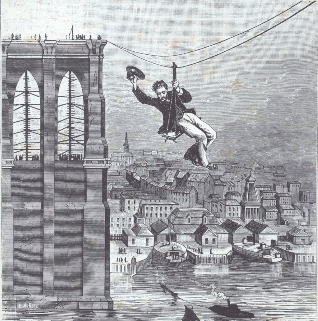 Pont de Brooklyn en construction ; M. Farrington, chef superviseur de la construction, est le premier à traverser la travée entre les deux pylônes le 25 août 1876 (gravure) - American School