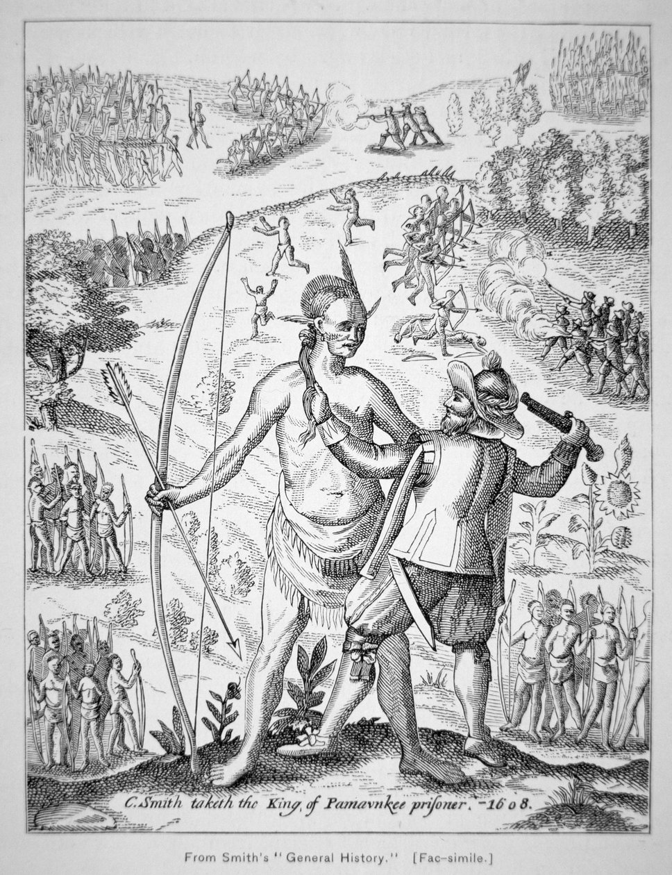 Le capitaine John Smith (1580-1631) capturant un chef indien en 1608, de 