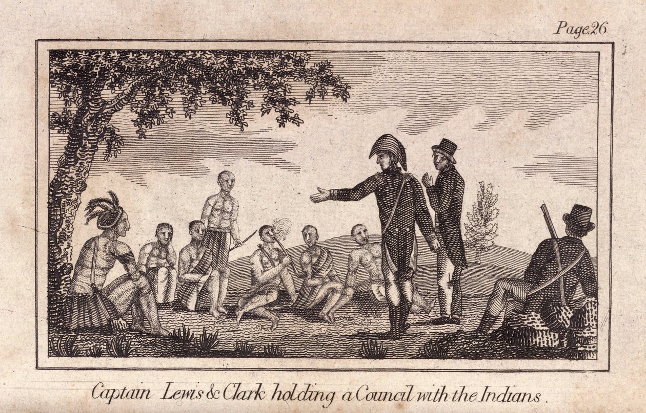 Le capitaine Lewis et Clarke tenant un conseil avec les Indiens, pub. 1812 (gravure) - American School