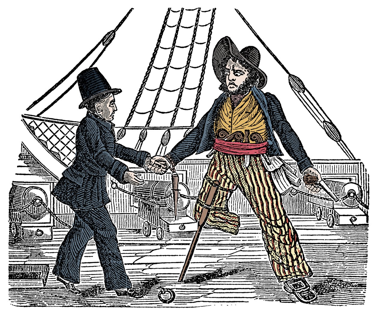 Le capitaine Mackra et le pirate à la jambe de bois Gravure de « The Pirates Own Book » 19ème siècle - American School
