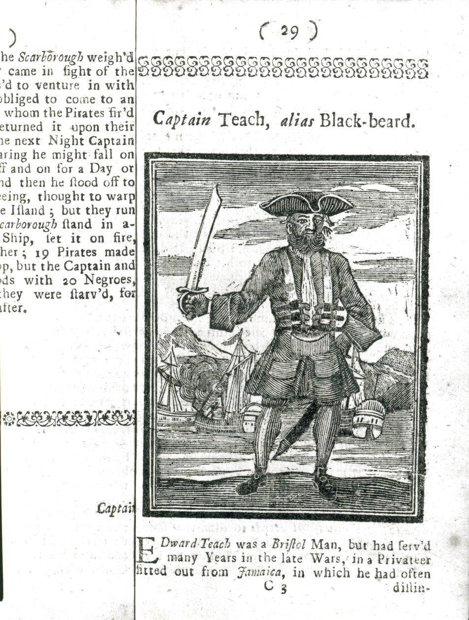 Capitaine Teach, alias Barbe Noire, de Histoire et vies de tous les pirates les plus notoires et de leurs équipages, Londres, 1725 - American School