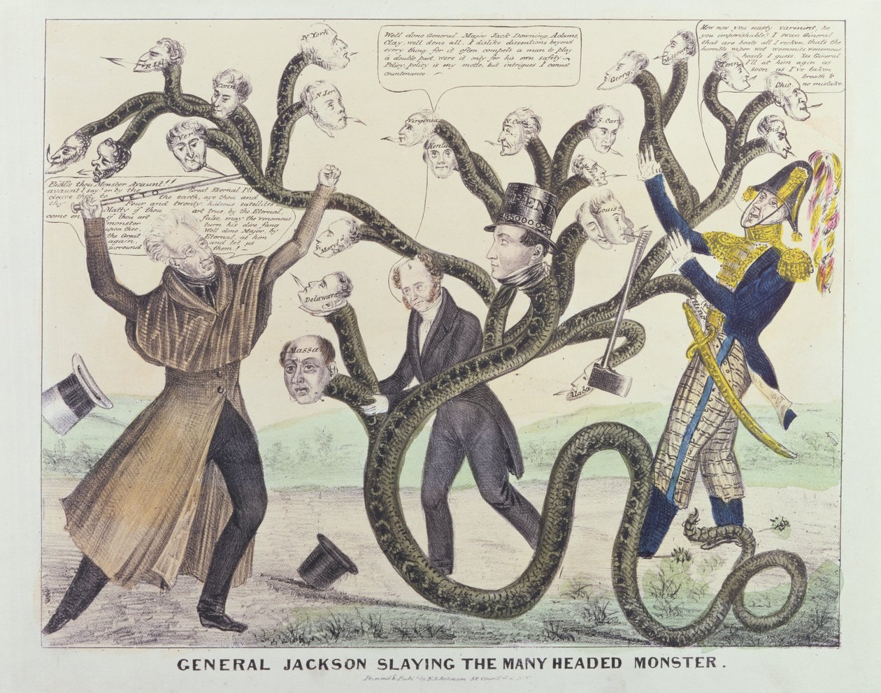 Caricature du général Jackson (1767-1845) tuant le monstre à plusieurs têtes, publiée par H.R. Robinson, vers 1836 - American School