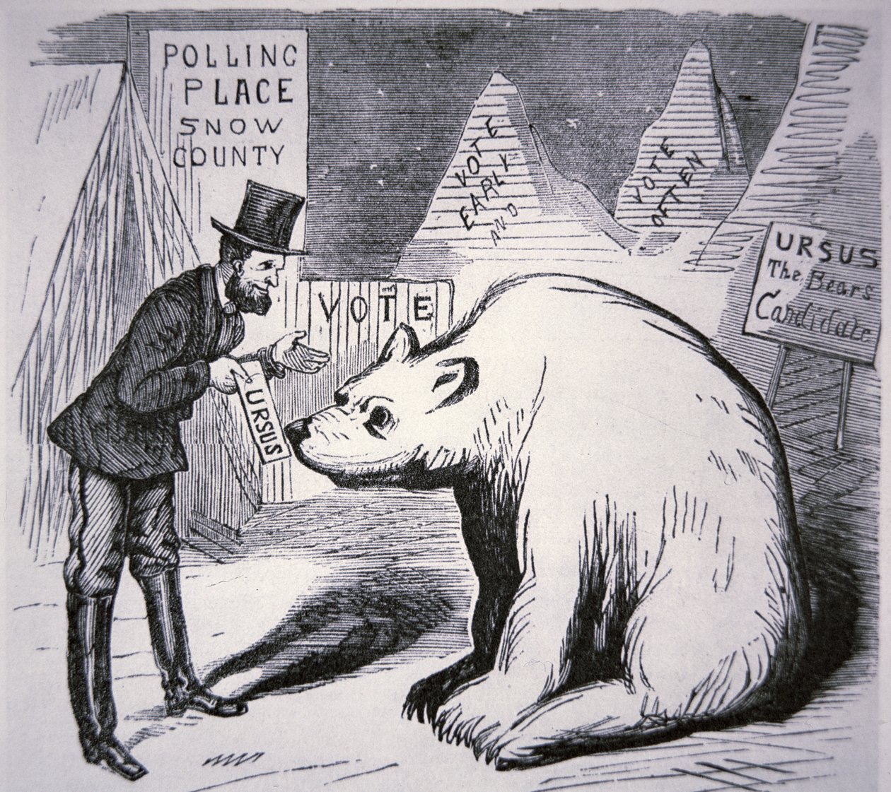 Caricature représentant un politicien américain essayant de trouver des électeurs en Alaska inhabitée - American School