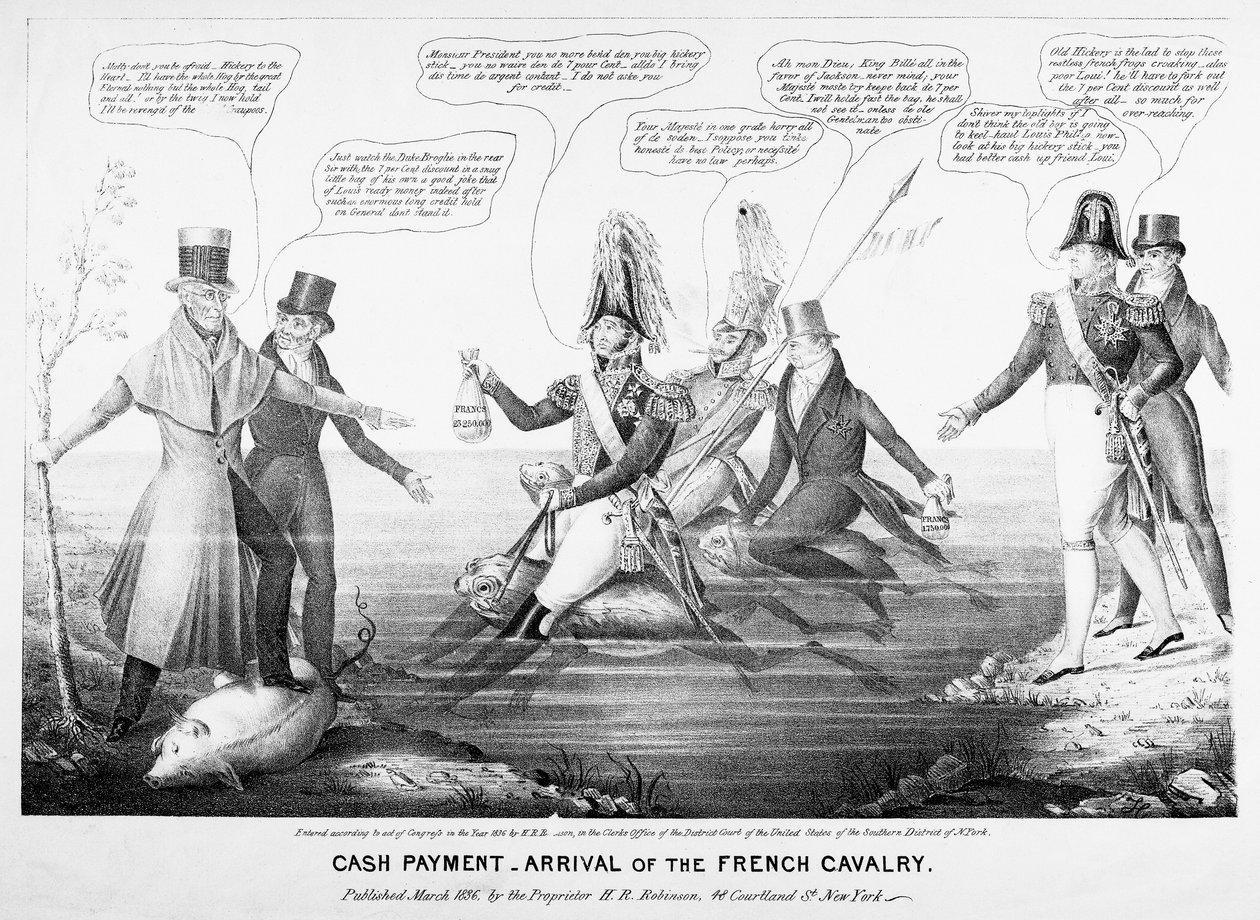 Paiement en espèces - Arrivée de la cavalerie française, publié par H.R. Robinson, New York, 1836 - American School