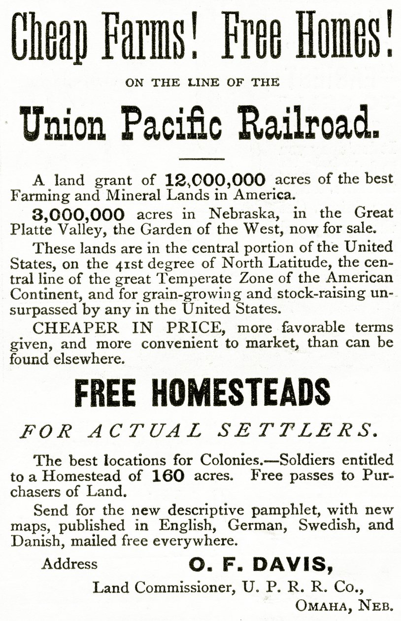 Fermes bon marché et maisons gratuites sur la ligne de chemin de fer Union Pacific, publicité de Appletons Journal, 4 mai 1872 - American School
